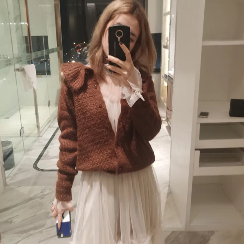 

Autumn and winter thickening wild casual mohair doll collar sweater 2019 new sexy button sweet cardigan sweater loose coat