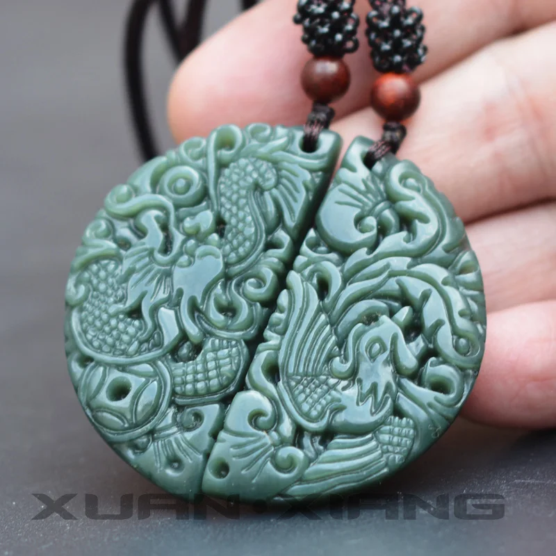 

Certificate Men Necklace Pendant Natural Green HETIAN Nephrite Carved Dragon Phoenix Pendant Gift for Women Fashion Jewelry