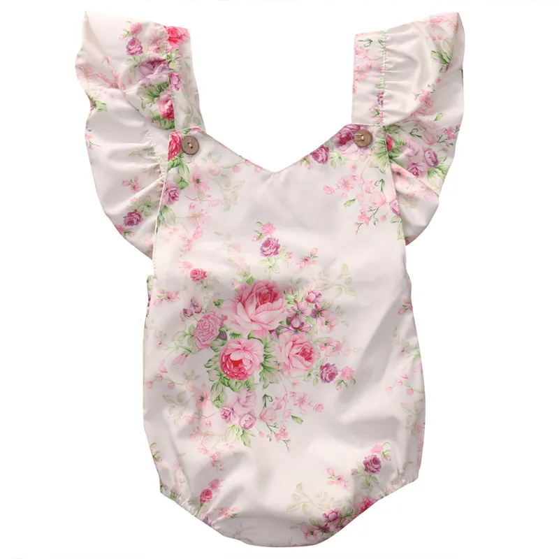 Для новорожденных для маленьких девочек одежда с цветочным принтом хлопок с рюшами Vneck Корректирующие боди для женщин Детские комбинезоны Костюмы для маленьких девочек пляжный костюм