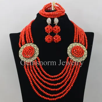 

Pretty Afrian Coral Beads Jewelry Set Crystal Bridal Wedding Necklace Bracelet Earrings Set Costume Jewelry Free Shipping WB873