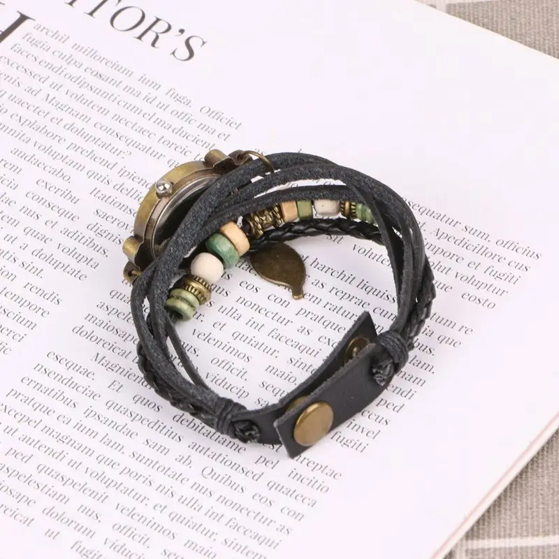 

Women Vintage Tree Leaf Weave Wrist Watch Wrap Retro Quartz Leather Bracelet