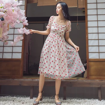 

Vintage Dress Red Rose Embroidery Mesh Square Collar A-line Backless Artistic Long Dresses Woman Elegant Beach Long Vestido