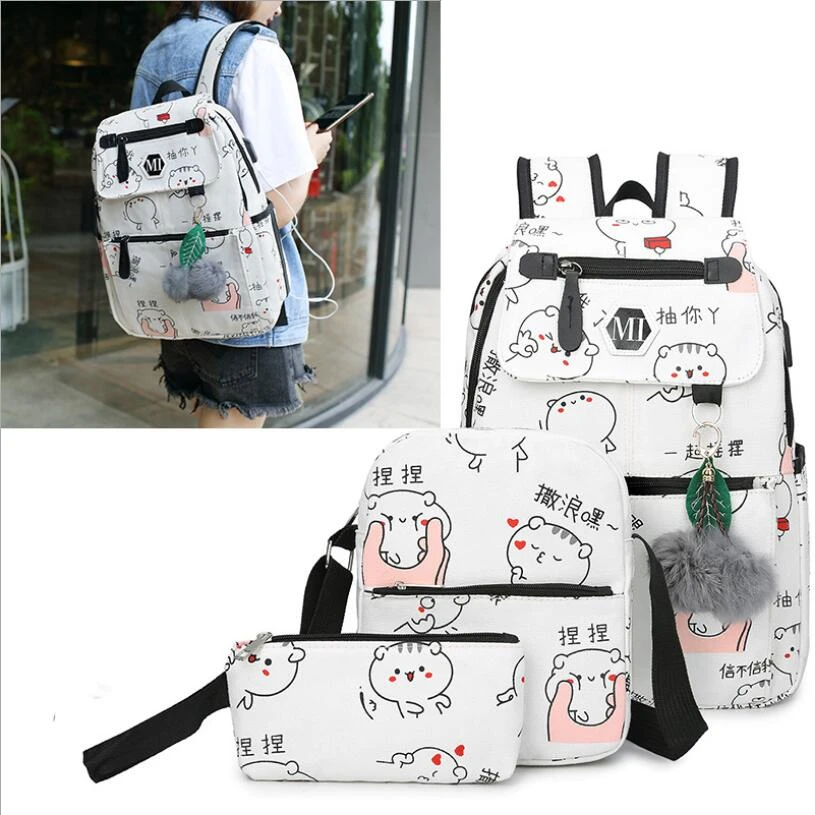 

Man Student Book Bag Boys Satchel 2018 USB Charging Canvas Backpack 3 Pcs/set Schoolbag Women For School Backpacks Teenagers