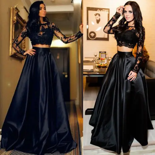 

Women Lace Long Sleeve Maxi Dress Evening Party Black Sexy Formal Dress 2PCs