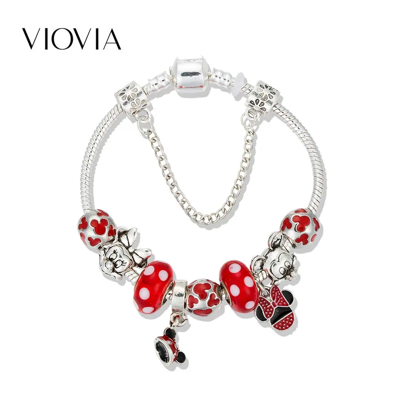 VIOVIA модный серебряный браслет с Микки и Минни очаровательный для женщин бусины в