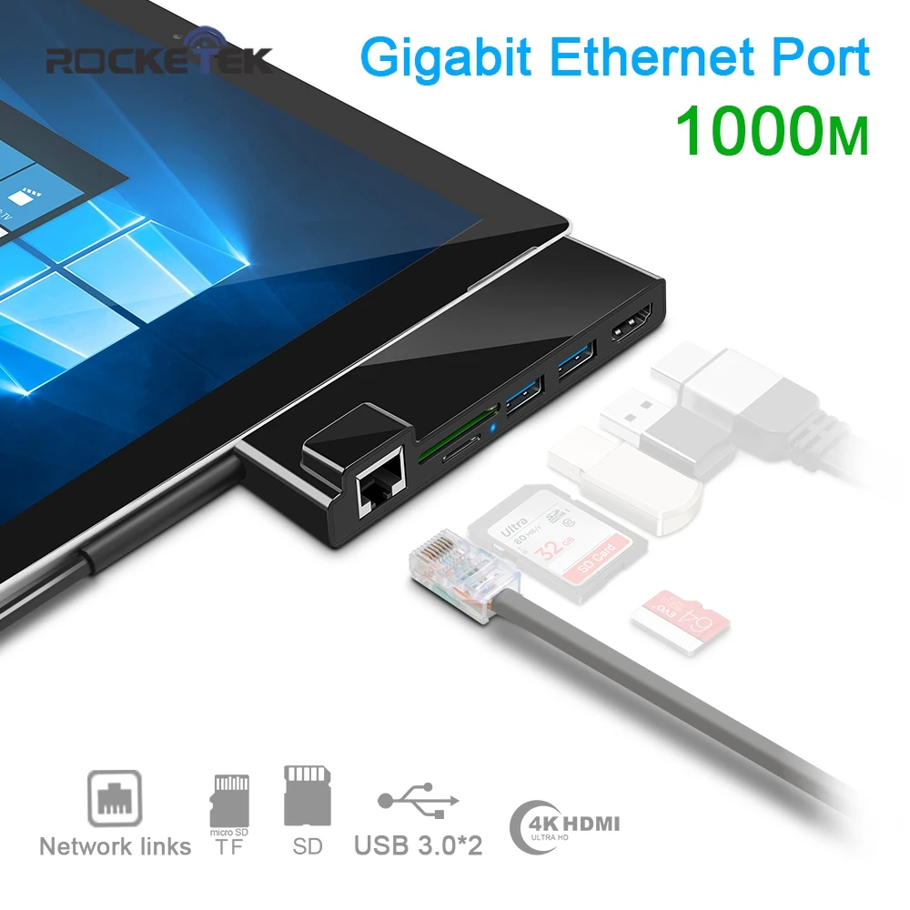 Rocketek usb 3 0 кардридер 4K HDMI 1000 Мбит/с гигабитный Ethernet адаптер SD/TF micro SD для Microsoft Surface Pro