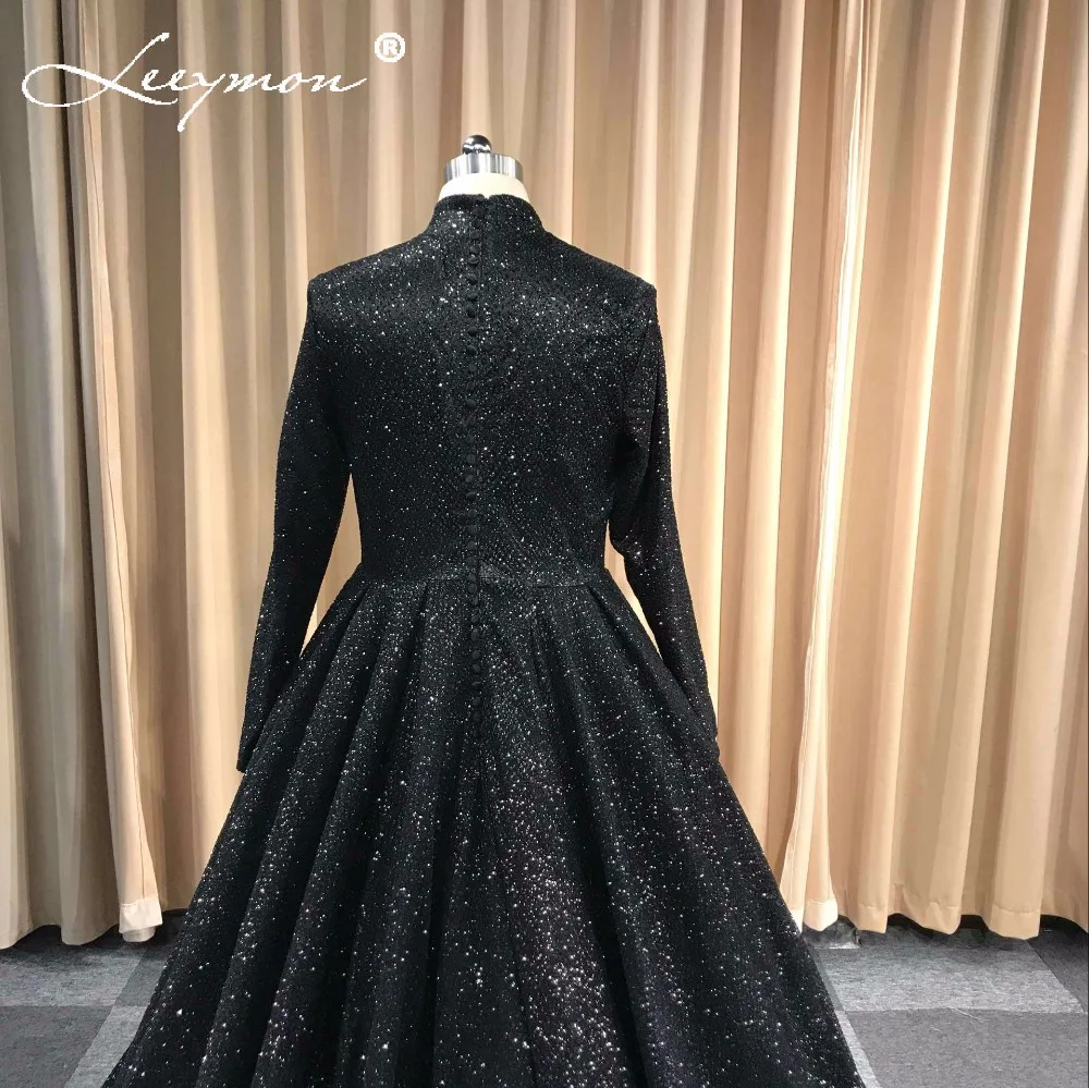 Robe De Soiree Glitter Shiny Evening Dress Full Sleeves Black Evening ...