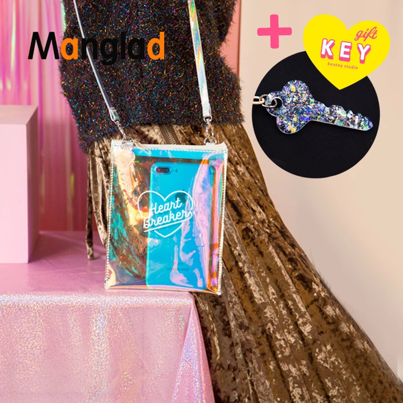 

Manglad Women Messenger Bag Purse Laser Hologram Clear Jelly Bags Cute Heart Printed Shoulder Waterproof Phone Handbag