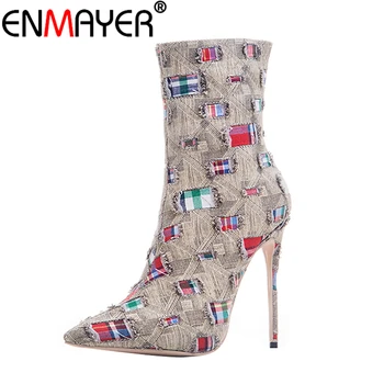 

ENMAYER Women Winter Boots Mid-Calf Zippers Denim Stiletto Plus Size 43 Pointed Toe Mending Luxury Brown High Heels Shoes
