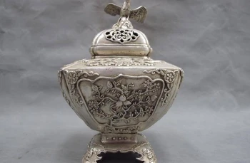 

Chinese white Copper silver Eagle peach blossom flower incense burner censer