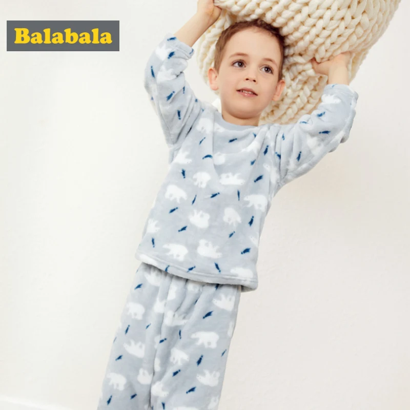 Balabala Toddler Boy 2-Piece Snug Fit Cotton&Fleece Pjs Print Long Sleeve Crewneck Shirt+ Pull-on Pants Set Kids Boy Pajama Set