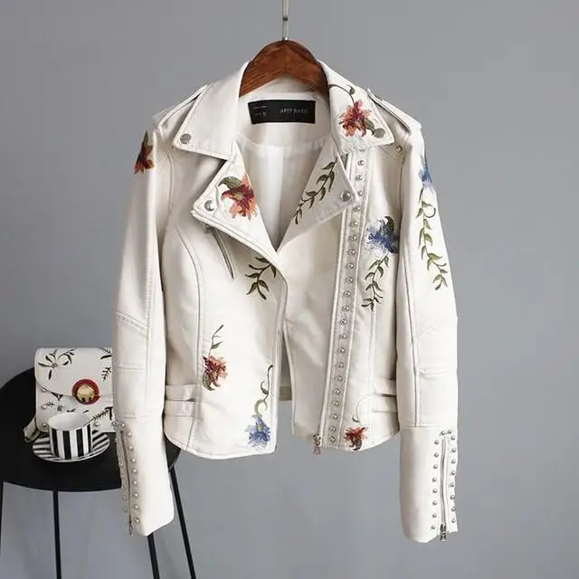  2019 New Boutique Ladies Motorcycle Leather Casual Jacket Black Beige White Embroidered Liu Ding Fe