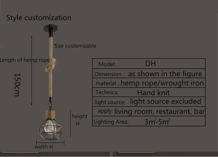 Лофт ретро ручной работы пеньковая веревка Подвесные светильники Светильник Железный Винтаж промышленный Американский кафе бар Кухня Крытый светодиодные подвесные лампы