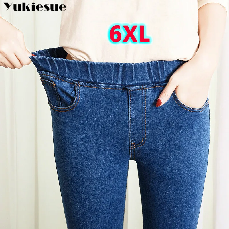 2019 Spring Summer Plus Size 5xl high Elastic Waist Stretch Ankle length push up mom Jeans for Women Skinny Pants Capris Jeans 2019 Spring Summer Plus Size 5xl high Elastic Waist Stretch Ankle length push up mom Jeans for Women Skinny Pants Capris Jeans