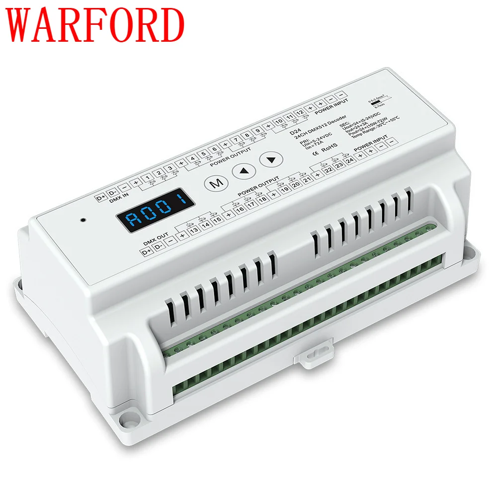 

New D24 DC5V-24V input;;3A*24CH output display Din rail constant voltage 24 Channel 24CH CV DMX512 Decoder RGB Strip controller