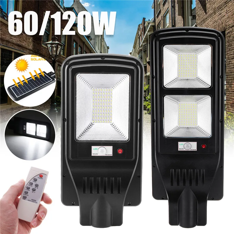 

New LED Street Light 60/120W LED Solar Light Radar PIR Motion Sensor Wall Timing Lamp+Remote Waterproof for Plaza Garden Yard