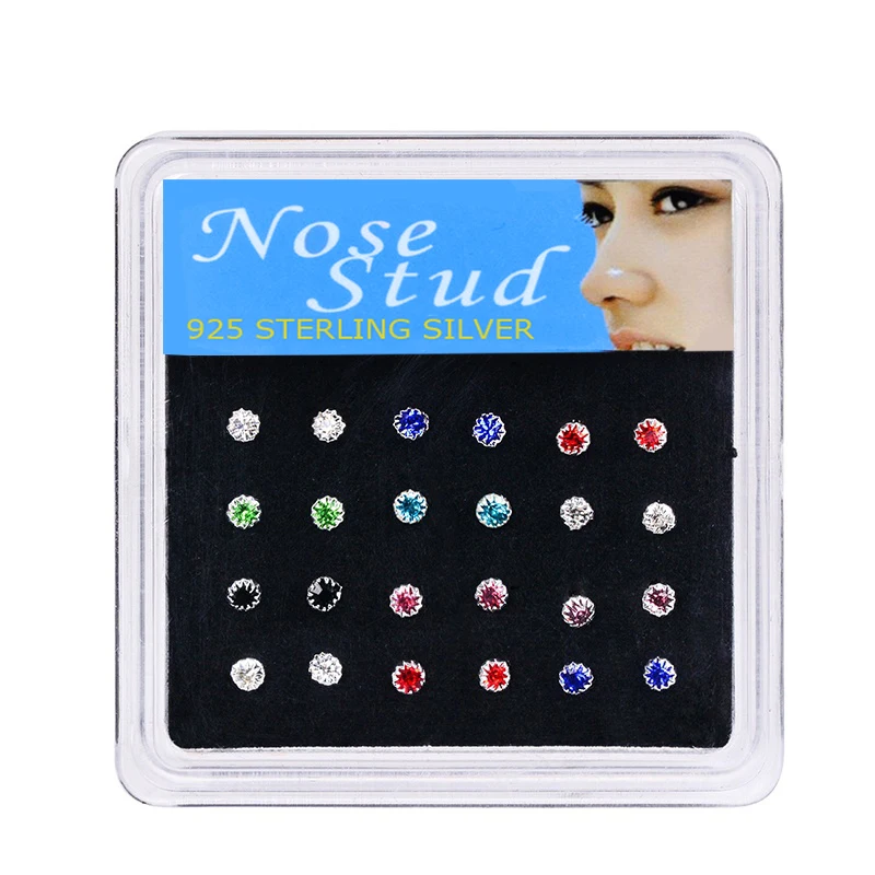 WALERV 24 шт. 925 пробы серебряные шпильки для носа 3 мм цветные белые Кристальные кольца для носа пирсинг для носа ювелирные изделия для женщин подарок