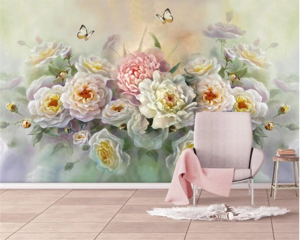 

beibehang Custom photo wallpaper mural European hand painted rose flower butterfly TV sofa background wall 3d wallpaper behang