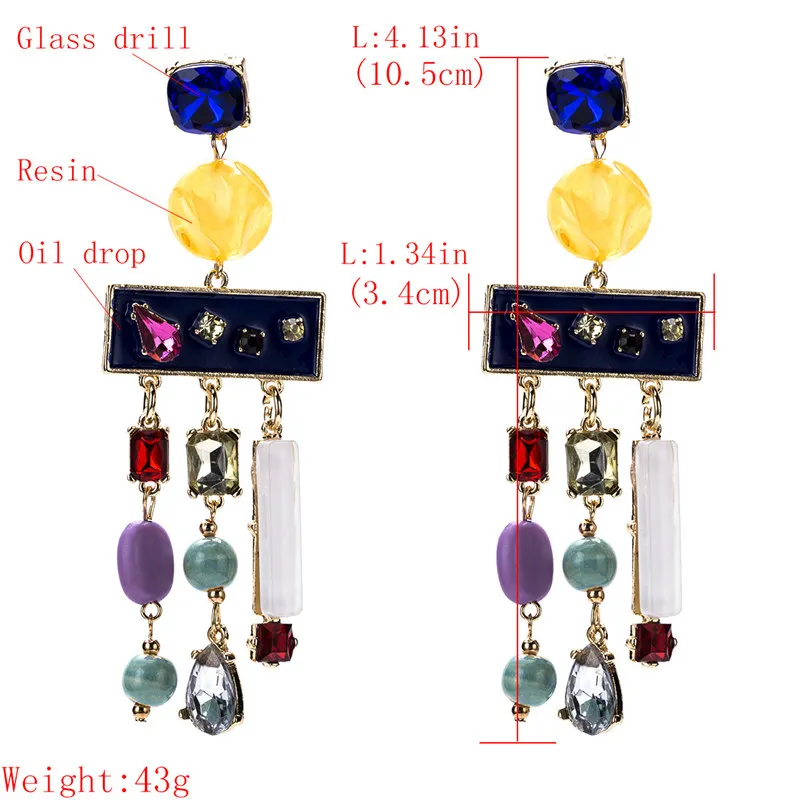Candy Color Resin Stone Long Chain Crystal Drop Earrings Women Bohemian Statement Big Water Drop Geometric Dangle Earrings 2018