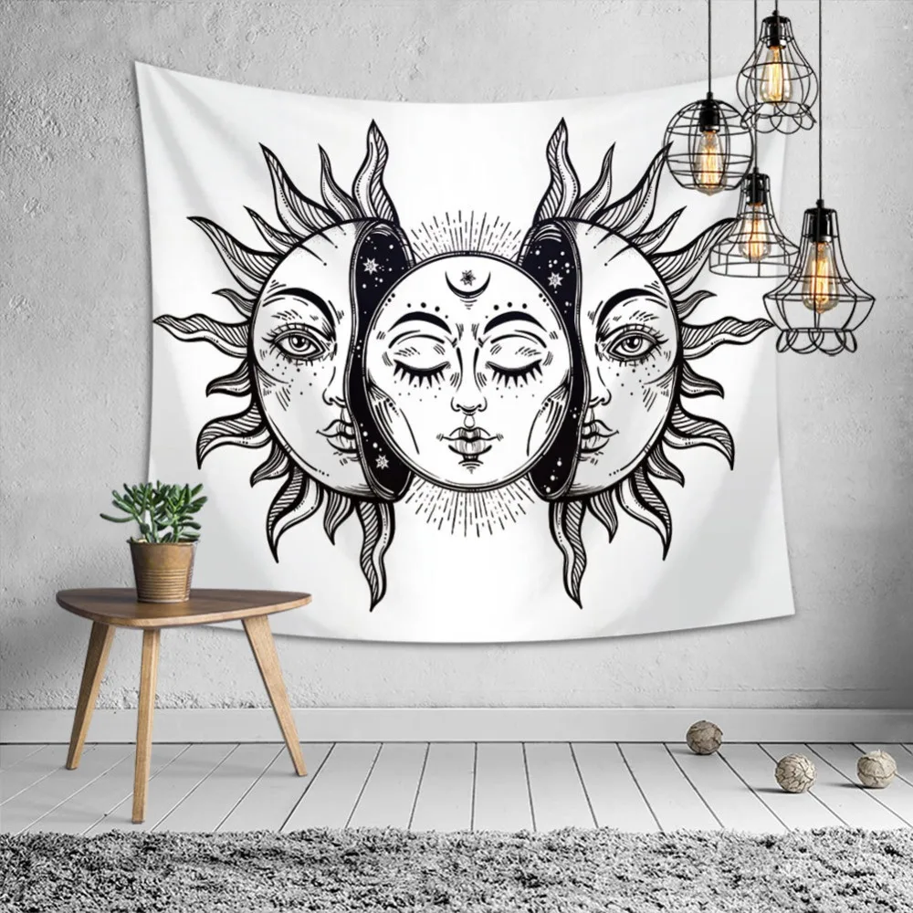 Гобелен в стиле хиппи с изображением индийского Солнца и Луны, черно-белый психоделический Небесный гобелен, настенный