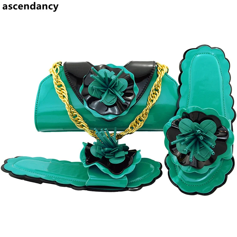 

Teal Color Italian Shoes with Matching Bags Set Decorated with Rhinestone African Wedding Shoes and Bag Set High Quality Shoes