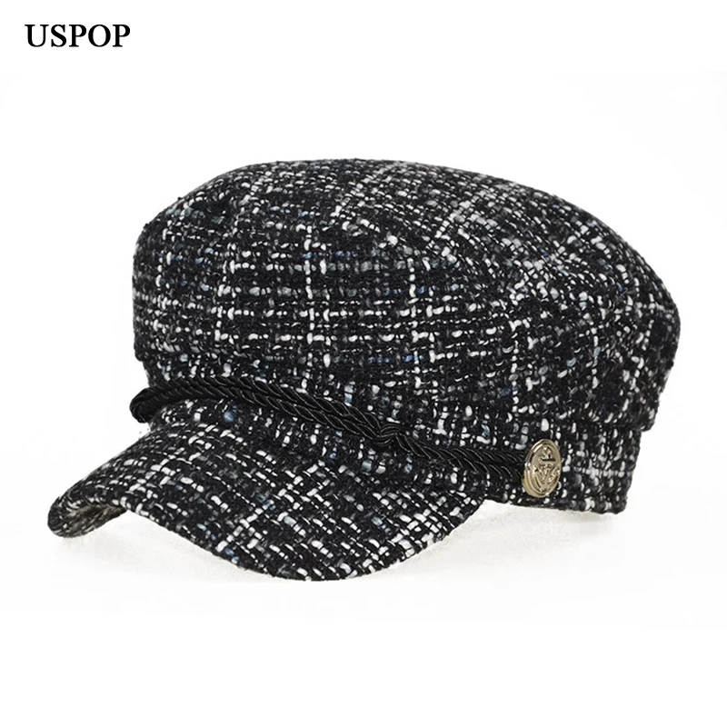USPOP, хит, женские клетчатые кепки newsboy, ретро восьмиугольная шляпа, модная Женская Осенняя шляпа с плоским верхом, твидовые кепки с козырьком
