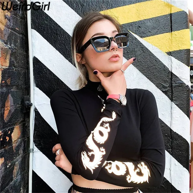 Weirdgirl Women dragon print T-shirts reflective fashion turtleneck Long Sleeve Slim Harajuku Female Tops New Arrivel 2019 Tees 4