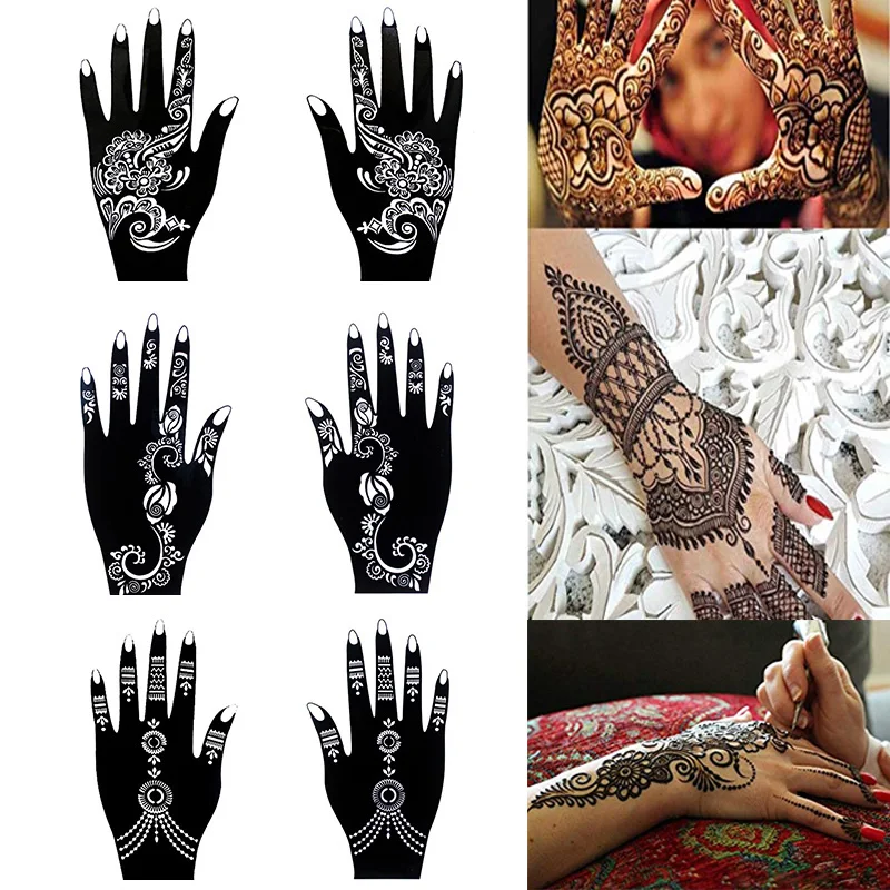 6pcs/Set Mehndi Black Henna Tattoo Temporary Templates Glitter Airbrush Tattoo Stencil for Hand Accessories Jewelry & Watches Women cb5feb1b7314637725a2e7: 6 sheets