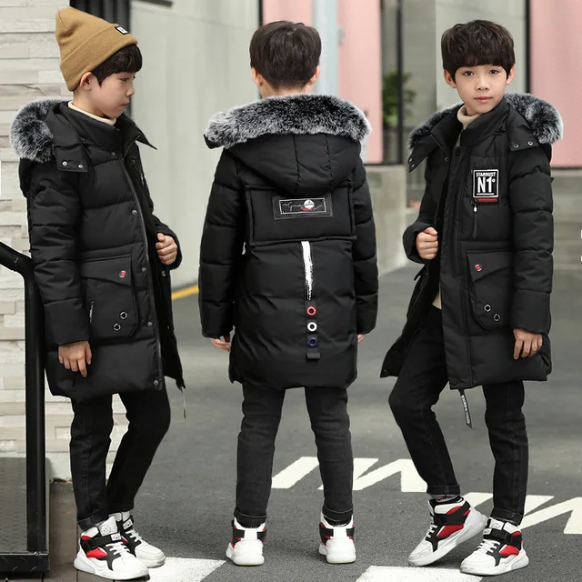 Long Cotton Coat With Faux fur collar for Boys Hooded Winter Jacket for ...