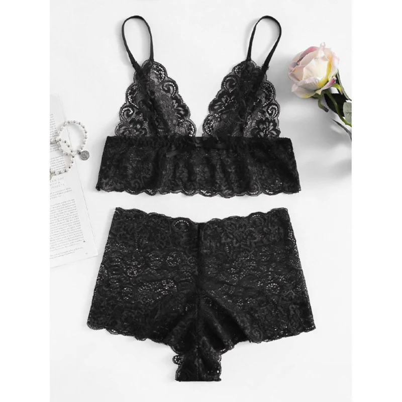 

LIVA GIRL Sexy Lace Women Bra Set Full Cup Solid Color Wire Free Bralette Breathable Panties Bra Set Intimate YRD