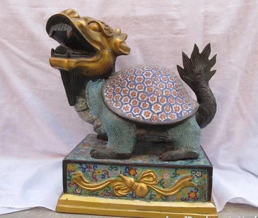 

002091 Chinese Royal Pure Bronze gild cloisonne Dragon Turtle Palace auspicious statue