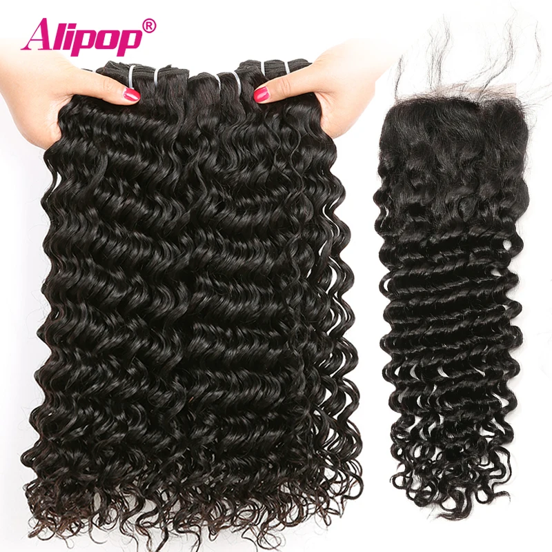 Alipop Brazilian Deep Wave Bundles With Closure Human Hair 234 Bundles With Closure 8-28 Inches Remy Hair Bundles With Closure (38)