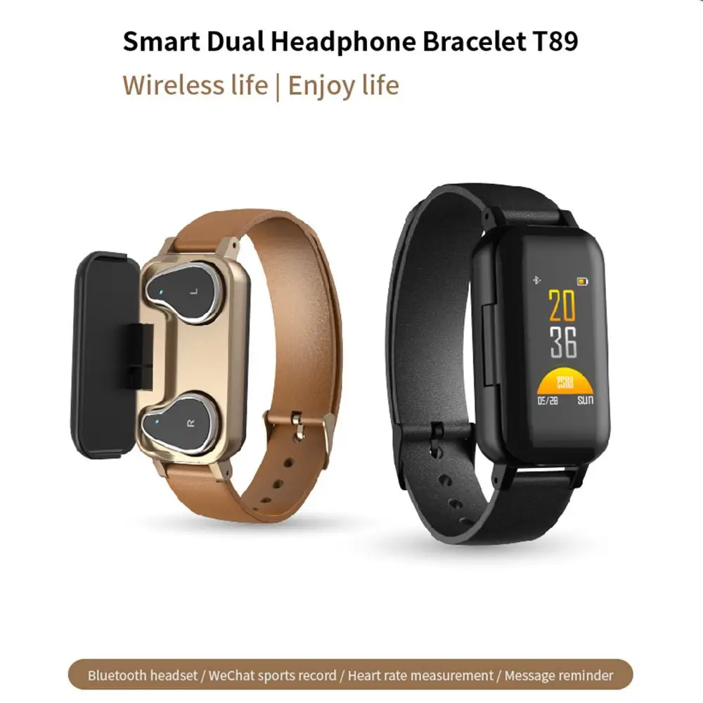 

Bakeey T89 BT 5.0 Smart Wireless Dual Headphone Wristband Heart Rate Monitor Multi Sport Mode Remind Smart Watch Wearable Device