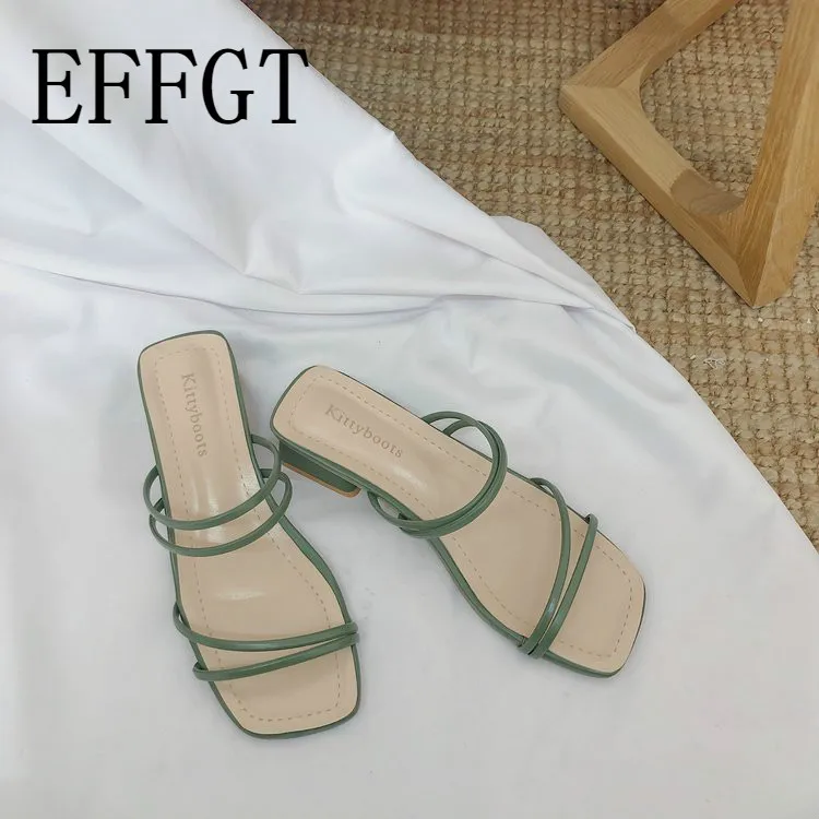 

EFFGT Mid Heel Outdoor Slippers Foot Ring Straps Roman Sandals Low Slope Women's Shoes Flip Flops Low Heel casual Slipper A02