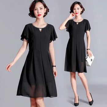 

Summer beaded chiffon dress plus size Elegant Vestidos Round neck petal sleeves cultivating Casual holidays beach dress XXXXXL