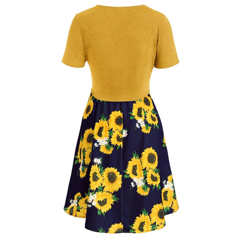 New Women Summer Sexy Short Sleeve Bow Knot Bandage Top Sunflower Print Mini Dress Suits Bohemian Casual Beach Dress #4A30 (13)