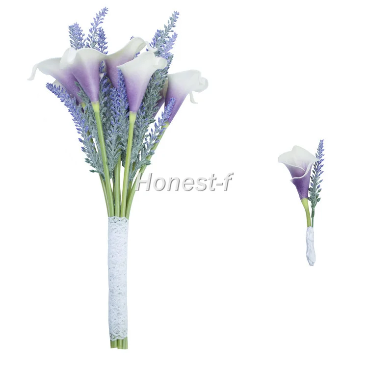 

Hand Tie Artificial Flocked Lavender ,Calla Lily Bouquet with Men Groom Corsage for Wedding Home Office Arrangement Decor
