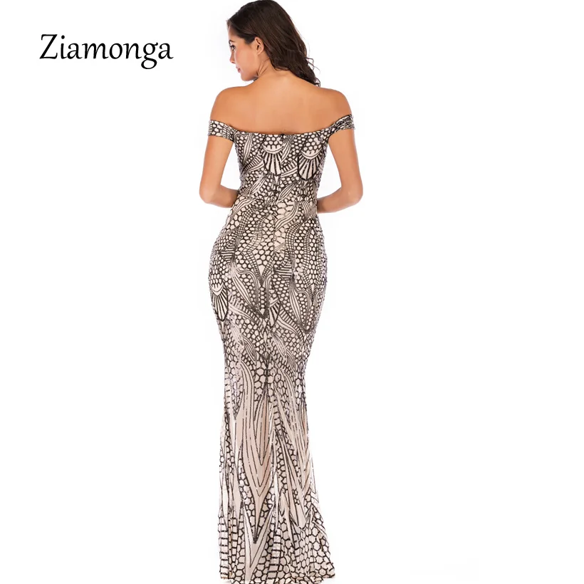 Ziamonga Черное макси Золотое Платье с открытыми плечами длина до пола облегающее платье с блестками женское платье без бретелек официальное вечернее платье сексуальное платье