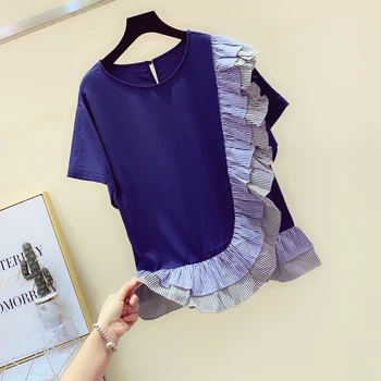 

2019 Summer Loose Hem Stitching T-shirt Woman Lotus Leaf-edged Short-sleeved Doll Tshirt Women Blue Beach T-shirts Girls Tee Top