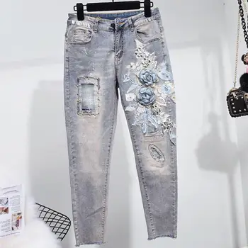 

Beading Elastic Ankle-Length High Waist Jeans Woman Skinny Pencil Stretch All Matched Casual Pants Vintage Flower skinny Jean