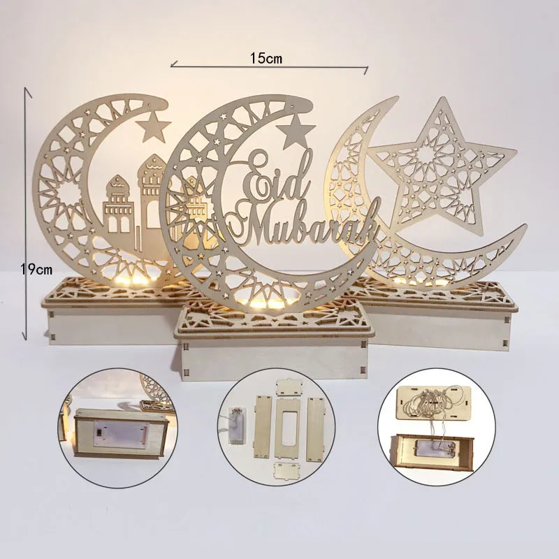 Ramadan Eid Mubarak Decorations for Home Moon LED Candles Light Wooden Plaque Hanging Pendant Islam Muslim Event Party Supplies