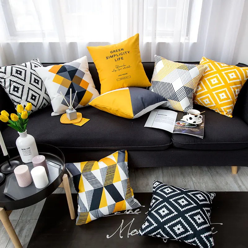 

New Black And Yellow Geometric Nordic Pillow Female Ins Net Red Bed Plush Back Modern Minimalist Nap Waist Cushion Cove Cojine