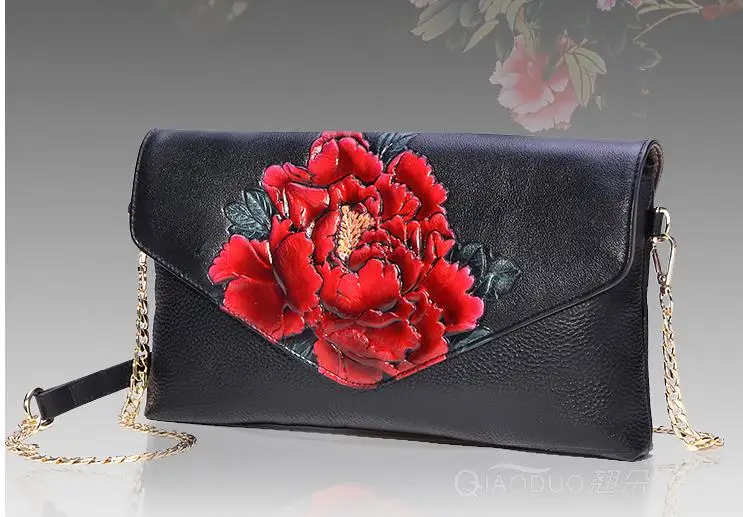 

Qiao Duo Genuine Leather Color Painting Rose Day Clutch Single Shoulder Bag Sweet Lady Leisure All Match Day Clutch for Party
