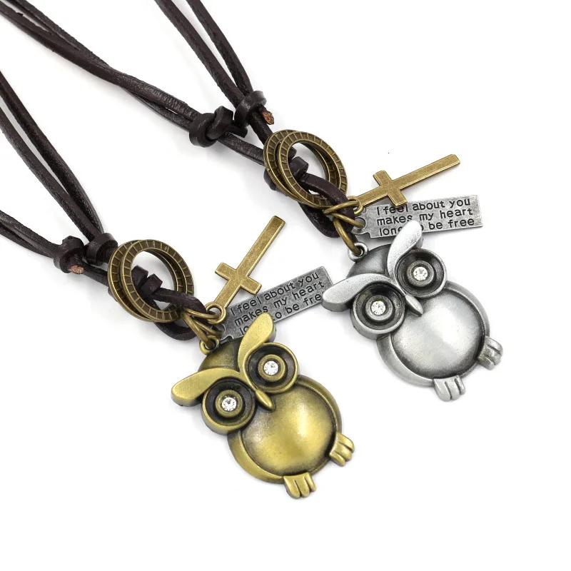 Ожерелье Совы корейский Винтаж ретро кожаный шнур милый кулон женщины мужчины