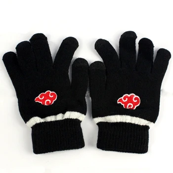 

2017 Anime Naruto Akatsuki Member Glove Red Cloud Logo Full Finger Plush Knit Gloves winter warm handschoenen Screen Touchable