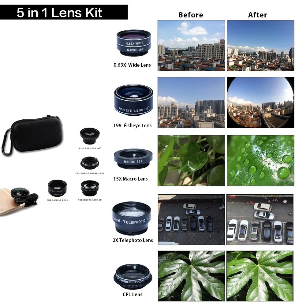 Phone lens XLOT 5 in 1 Fisheye Wide Angle 15X Marco Lens Telescope Lens CPL Mobile Phone Camera Lens for iPhone Samsung Xiaomi Samartphone (4)