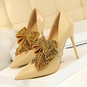 

BIGTREE tacones altos mujer sexy rhinestone butterfly-knot high heels escarpins femme shallow pointed toe Pink 2019 women shoes