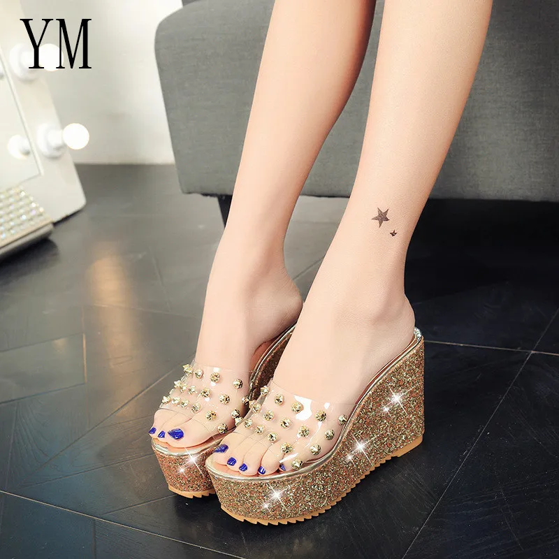 019 Sexy PVC Women Wedge Heel Heels Platform Sandals Summer Slippers Thick Heel Slippers Slides Ladies Shoes Zapatos Mujer 35-39