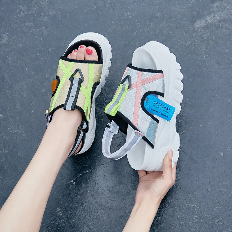 Reflective Shoes Women Chunky Sandals Platform sandalias mujer Summer New Brand Lady White footware Increased chaussures femme Reflective Shoes Women Chunky Sandals Platform sandalias mujer Summer New Brand Lady White footware Increased chaussures femme