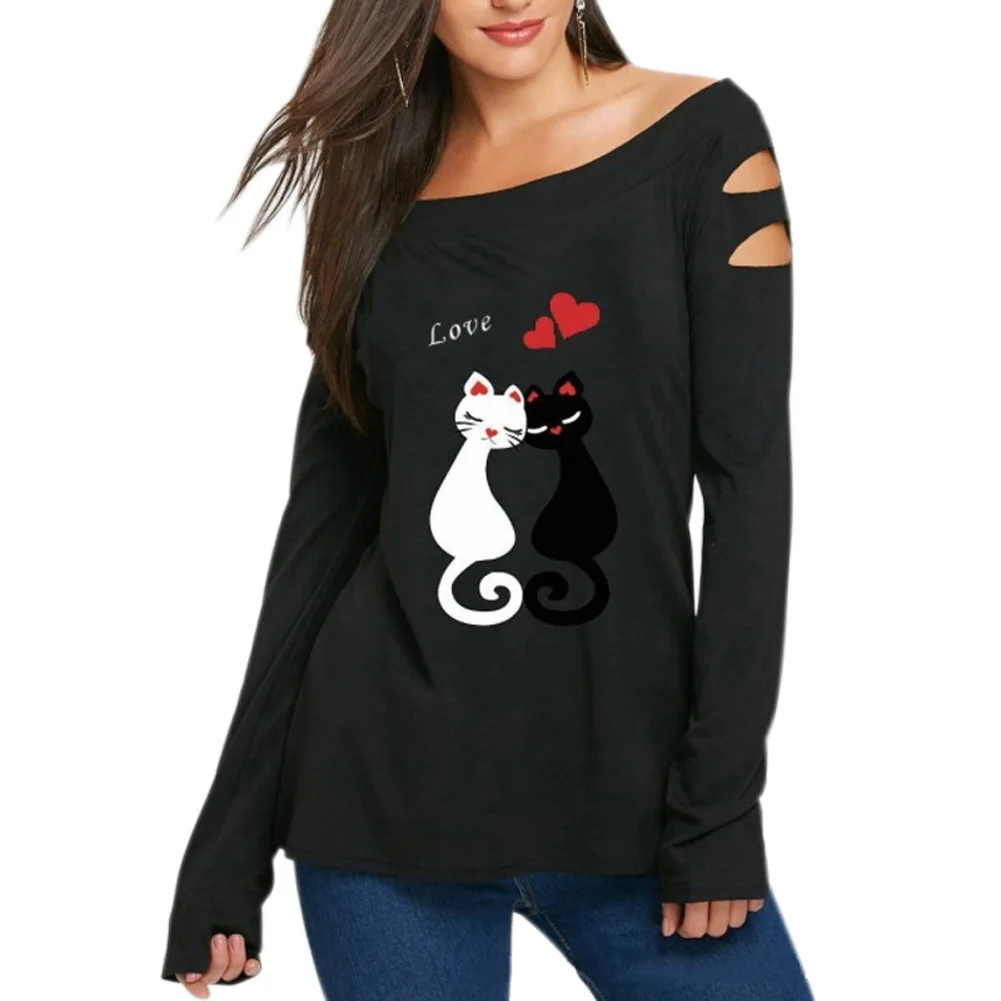 

Women Spring Off Shoulder T-shirts Animal Cat Lover Pattern Print Long Sleeves Girl Hole Cut t shirts Tops H9